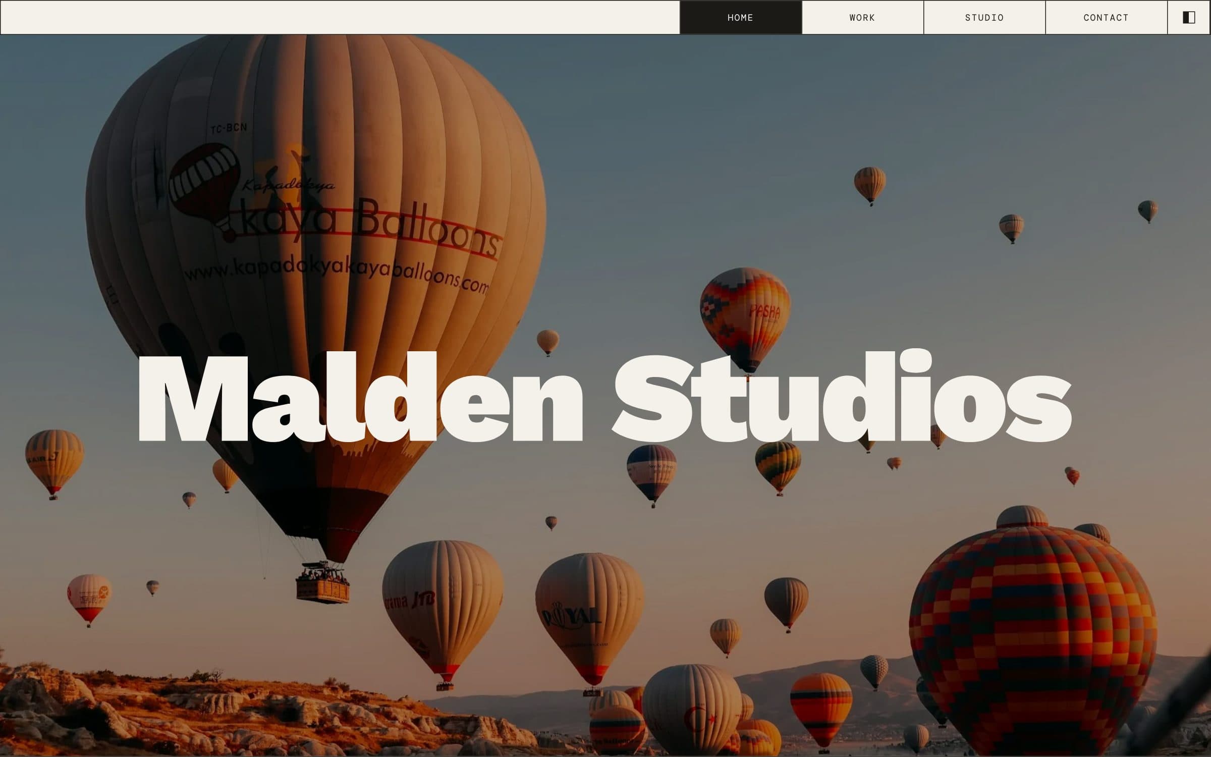 The Malden Studios home page: the wordmark over hot-air balloons at dawn