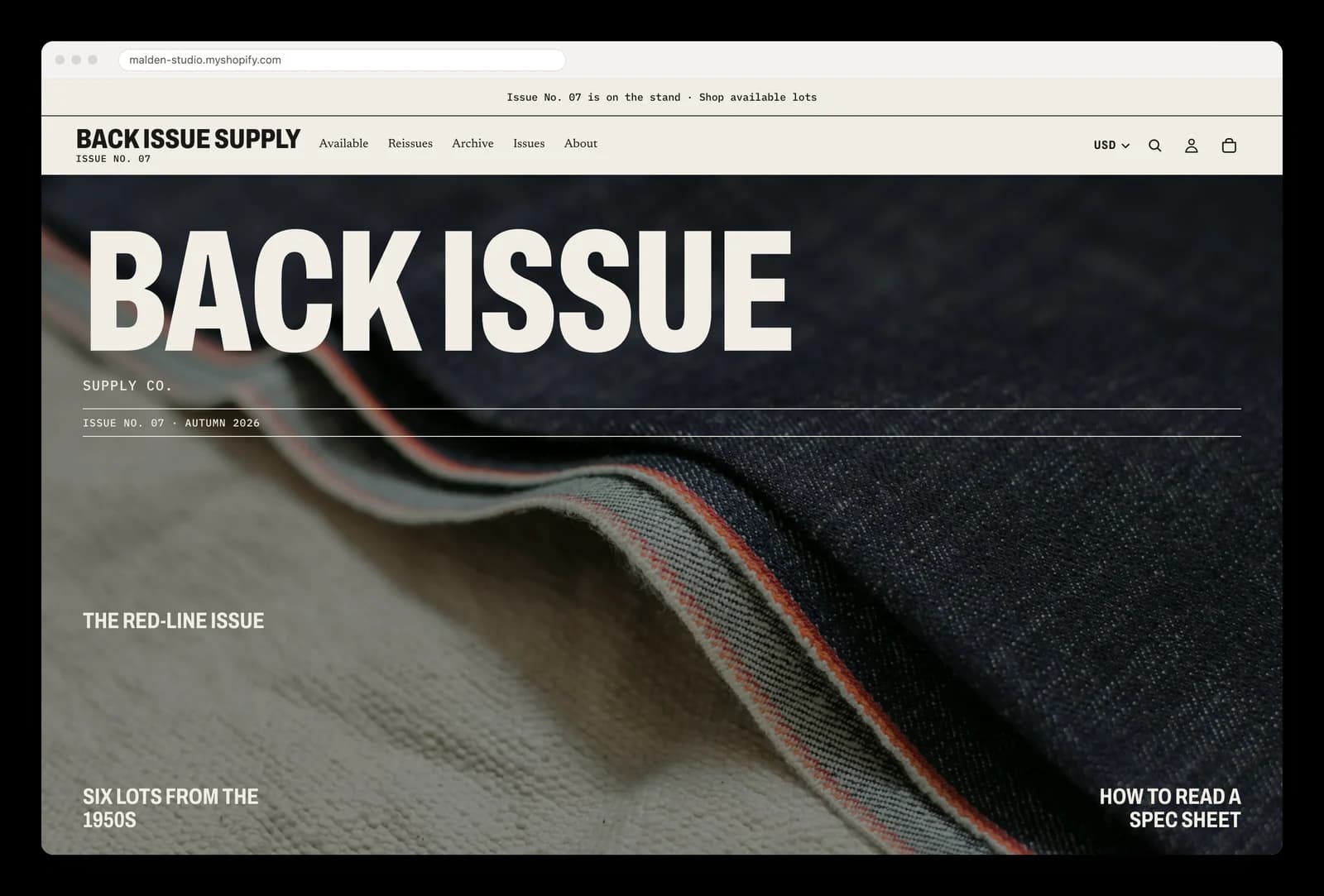 Back Issue Supply home page: the Issue 07 magazine cover over a selvedge denim photo