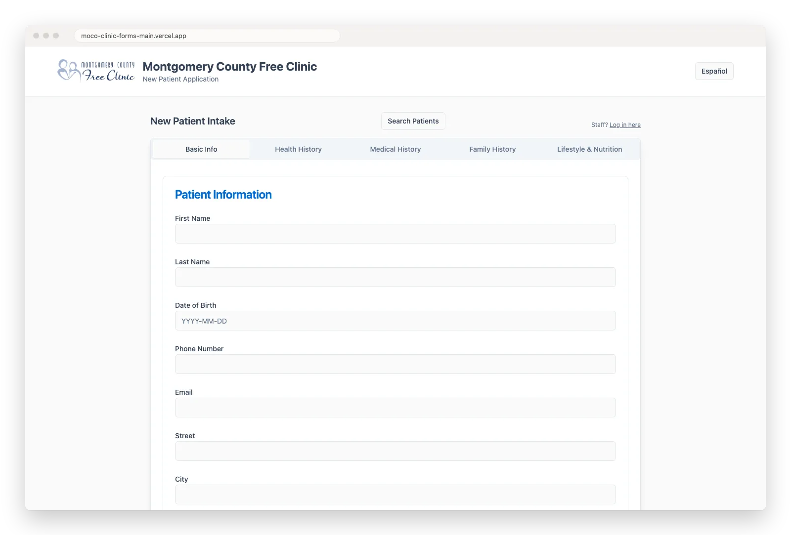 Montgomery County Free Clinic new patient intake: the Basic Info tab of a five-step form