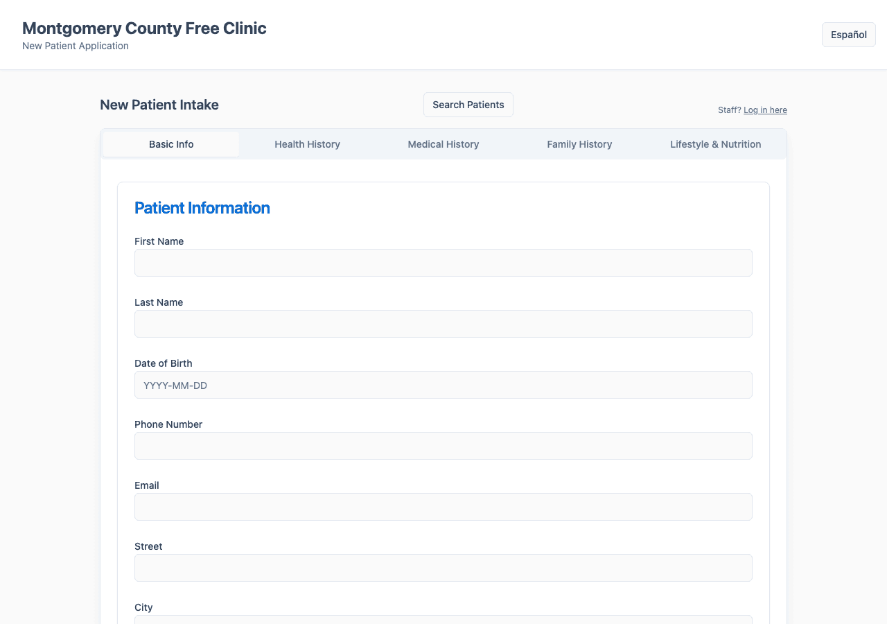 Montgomery County Free Clinic digital intake form interface