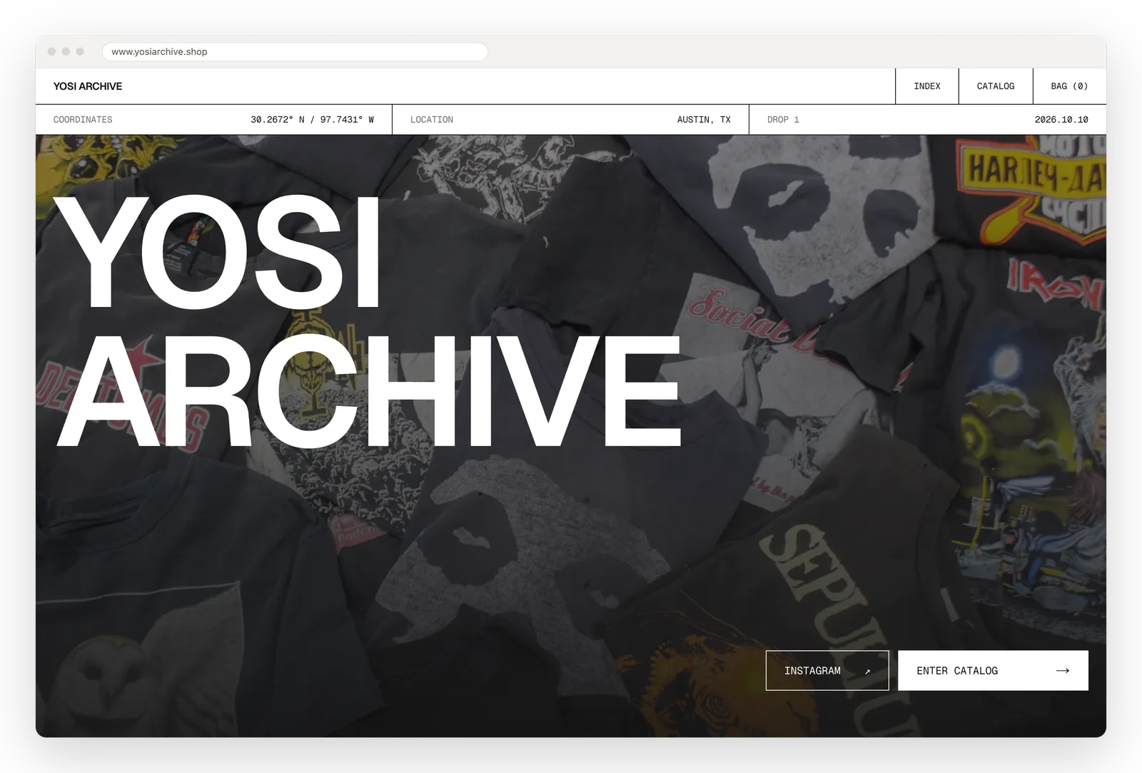 YOSI Archive home page: a full-bleed photo of vintage band tees under the YOSI ARCHIVE wordmark